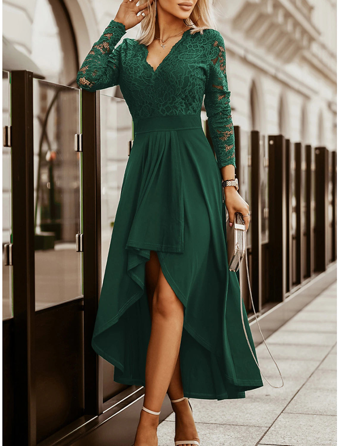 Vestido de fiesta para mujer, vestido de fiesta, vestido de encaje, vestido largo, vestido maxi, negro, vino, verde, manga larga, color puro, encaje, otoño, invierno, cuello en V, moda, vestido de invierno, para invitadas de boda, cumpleaños